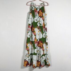NAOO Floral Maxi Dress Womens Sz M Green Tropical Spaghetti Straps Ruffle Hem